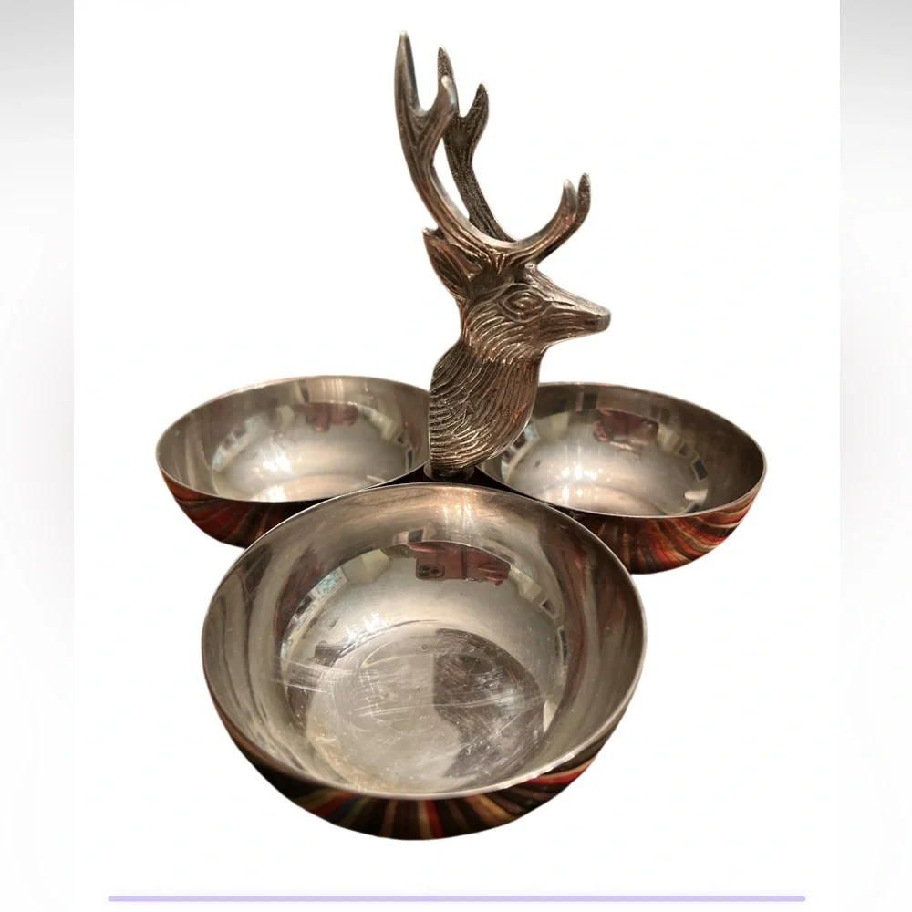 Vintage Deer Stag Triple Bowl Candy Dish Metal‎ Serving Tray